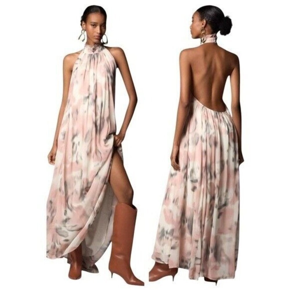 ANTHROPOLOGIE Maeve Sheer Printed Halter Maxi Dress Open Back Size 1X NEW - Picture 1 of 16